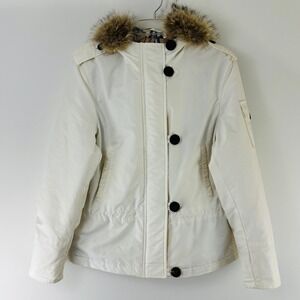 Burberry London Cream White Hooded Parka Jacket Coyote Fur Trim Size L
